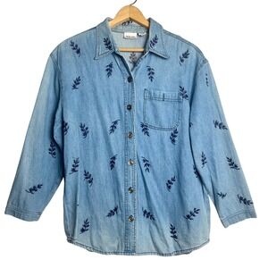 vtg styleworks floral embroidered denim button up shirt cotton womens L‎